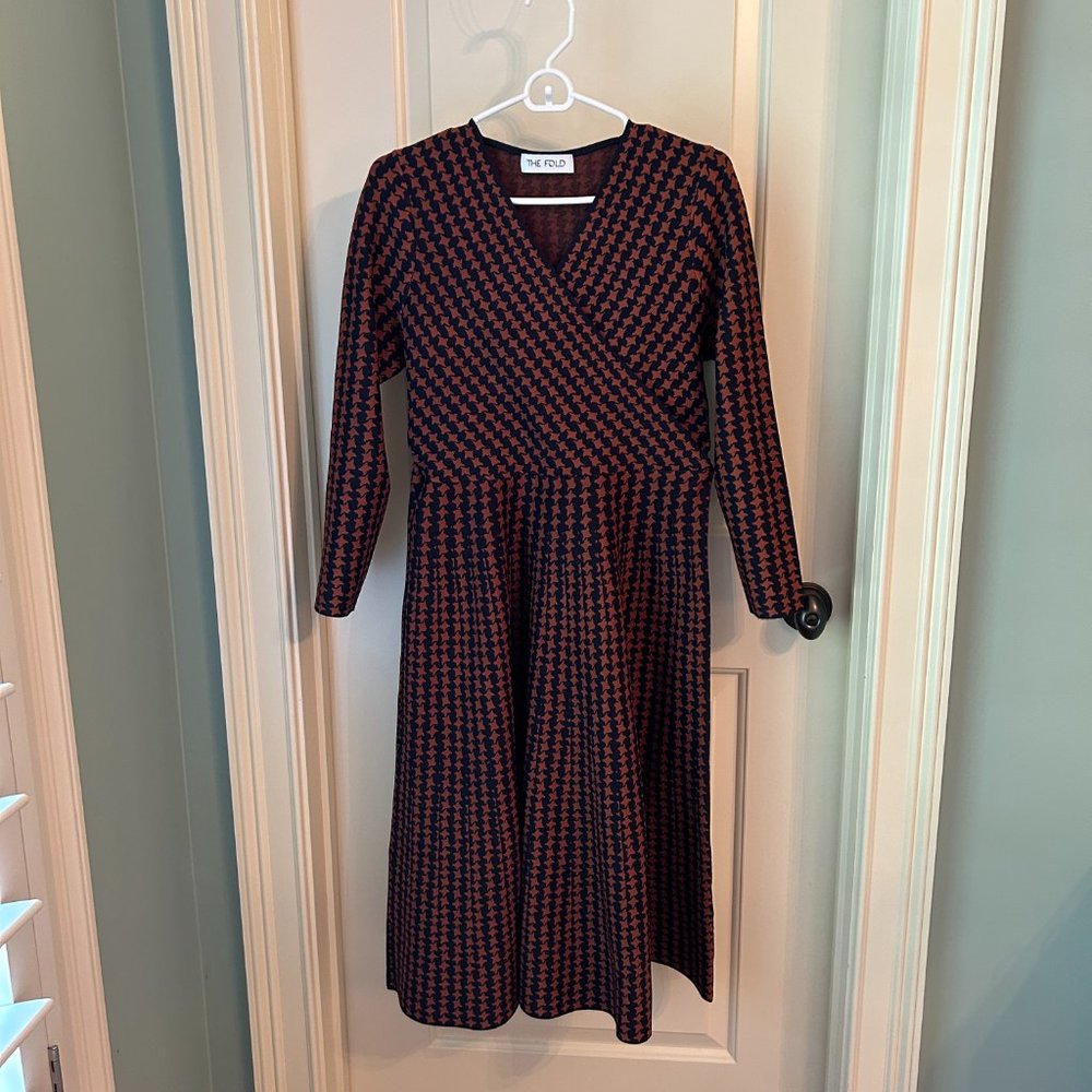 The Fold 3/4 sleeve navy and brown fit and flare dress